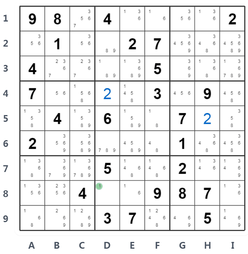 ネイキッドシングルの例 - D8には候補数1のみ