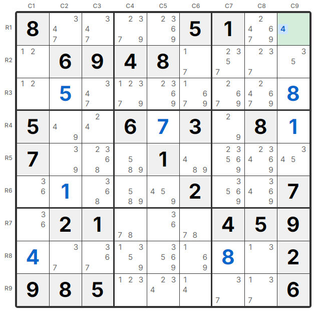 ネイキッドシングルの例 - R1C9は候補4のみ