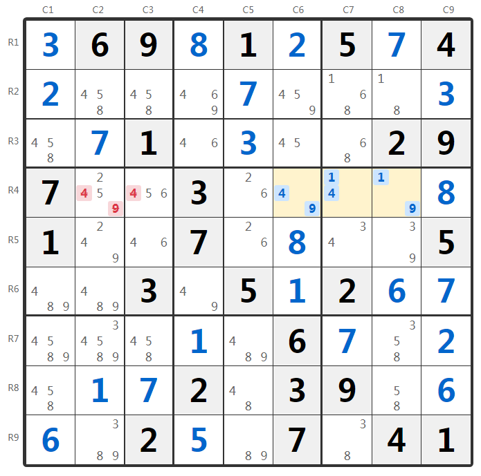 数独ネイキッドトリプル例-行分析
